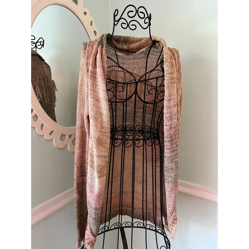 Miss Me S sweater Green rust Pink Open Knit cardigan size SMALL Fringe